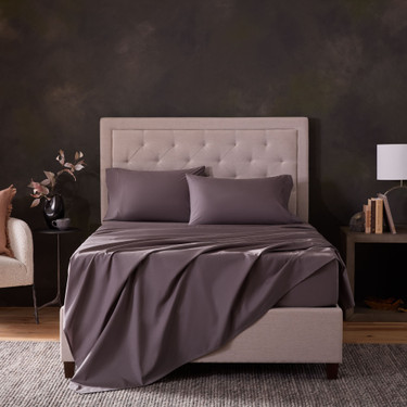 Full shot of Classic Cotton Sheet Set in Charcoal On Eastman Platform Bed